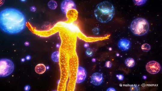 七级创世神级文明一个全知全能的浑身闪烁着宇宙星辰光芒的人形存在，于虚无之中创造了无数多元宇宙 by Hailuo AI Video Generator