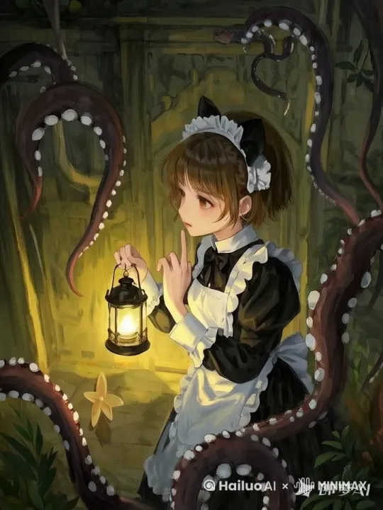触手怪、氛围感、人物不动、暖灯闪、头发飘 by Hailuo AI Video Generator