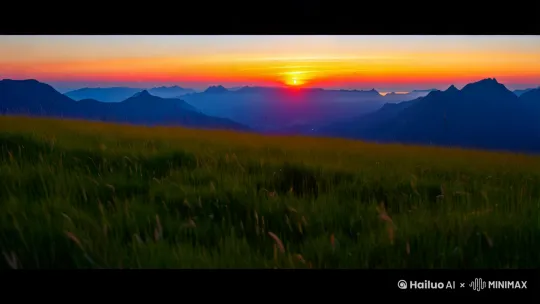 远山的日出；山坡上的草，随风飘扬； by Hailuo AI Video Generator