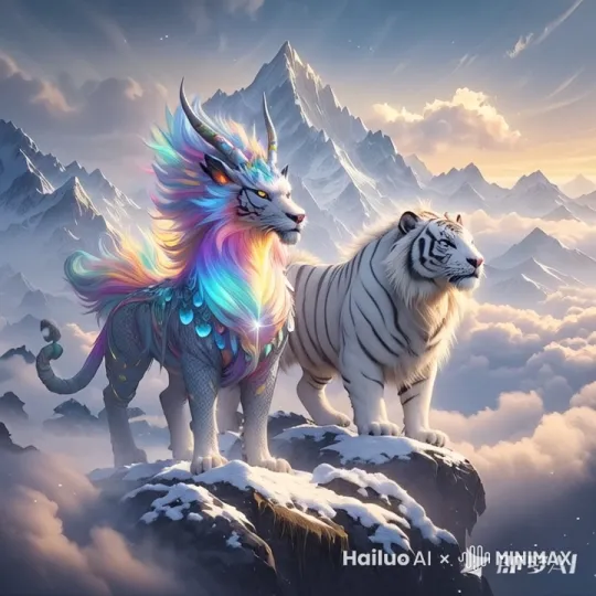 镜头向右前方移动，麒麟和虎向镜头奔跑而来。 by Hailuo AI Video Generator