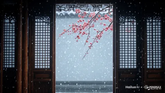 镜头缓缓推进，窗外雪花飞舞。 by Hailuo AI Video Generator