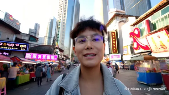 中国街道  行走在闹市小姐上  表情充满希望  镜头跟进  by Hailuo AI Video Generator