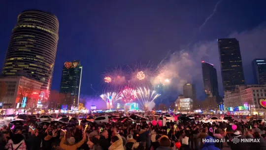 场景描述:

地点: 烟花在城市中心广场上空绽放，背景是现代化的高楼大厦，霓虹灯闪烁，街道上车水马龙，人群聚集在广场和街道上，共同迎接新年的到来。
天空: 夜幕低垂，天空被烟花的光芒照亮，呈现出深蓝色和紫色的渐变。远处有薄云，被烟花的光芒染上五彩斑斓的色彩。
烟花: 烟花在夜空中绽放，形成各种壮观的图案和形状，包括巨大的心形、星星、笑脸。烟花色彩丰富，包括金色、红色、蓝色、绿色和银色，色彩鲜艳夺目。
细节: 烟花绽放时发出耀眼的光芒，照亮了整个城市。烟花爆炸的声音震撼人心，伴随着人们的欢呼声和倒计时声，营造出一种热烈而欢快的氛围。
角色描述:

人群: 广场上和街道上挤满了庆祝的人群，人们穿着厚厚的冬衣，脸上洋溢着笑容，手中挥舞着荧光棒和气球。孩子们骑在父母的肩膀上，兴奋地指着天空中的烟花。
细节: 一些人在用手机和相机记录这美丽的瞬间，闪光灯不时闪烁，共同迎接新年的到来。
氛围:

整体氛围: 热烈、欢快、充满希望和期待。烟花的光芒和声音将整个城市带入一个狂欢的海洋，人们在烟花下欢呼雀跃，共同庆祝新年的到来。
声音: 烟花爆炸的声音震耳欲聋，伴随着人们的欢呼声、笑声和倒计时声。背景音乐是欢快的电子音乐，节奏强烈，增添了节日的氛围。
光线: 烟花的光芒照亮了整个城市，霓虹灯和街灯在烟花的映衬下显得更加璀璨。光线变化多端，时而明亮，时而柔和，营造出一种梦幻般的视觉效果。
风格:

视觉风格: 宏大、壮观、色彩斑斓，类似于好莱坞大片的视觉特效。烟花的设计和爆炸效果充满创意和想象力，给人一种震撼的视觉体验。
高清: 4K分辨率，细节丰富，色彩鲜艳，烟花的光芒和细节清晰可见。
附加元素:

特殊效果: 一些烟花在爆炸时释放出金色的光点，缓缓飘落，如同雪花一般，给人们带来惊喜和欢乐。
互动: 人群中有人放飞了写满新年愿望的气球，气球在夜空中缓缓上升，与烟花交相辉映。
城市景观: 远处的高楼大厦上投射着新年祝福的标语和图案，与烟花一起构成了一幅美丽的城市夜景。 by Hailuo AI Video Generator