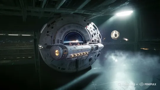 宇宙飞船缓缓向前飞进，超广角镜头，向前推进，跟着宇宙飞船 by Hailuo AI Video Generator