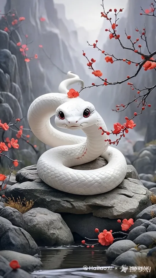 镜头聚焦到白蛇身上，白蛇微微扭动身体，石头周围的红梅花瓣随风轻轻飘落，白蛇身上开始涌现出柔和的白色光芒，光芒中夹杂着丝丝金色，白蛇的身形逐渐被光芒包裹，光芒呈螺旋状环绕 by Hailuo AI Video Generator