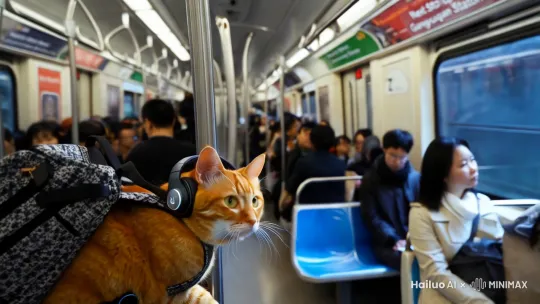 橘猫，背着书包、带着beats耳机，清早7点，乘坐广州地铁1号线，人挤人画面，有地铁列车员提示音：下一站公园前站， by Hailuo AI Video Generator