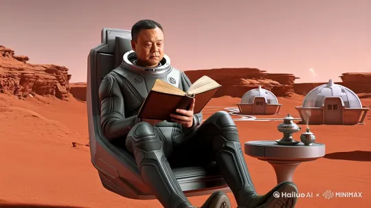 人物变身成一位宇航员，在火星上坐在休闲椅上看书喝茶，周围的景色、建筑与地貌浑然一体。角色形象高大，氛围感强，大师作品 by Hailuo AI Video Generator