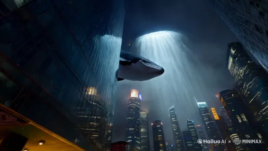 Low-angle shot: The camera shifts below the whale as it glides between the towering skyscrapers, emphasizing its immense size against the illuminated cityscape. The glass panels reflect the whale's slow, rhythmic movements as if echoing ripples in water.
Dolly zoom: The perspective compresses, pulling the background closer as the rain intensifies. Droplets cascade down the buildings, their reflections merging with ancient Chinese motifs etched into the architecture, the ink-like trails of water creating a living painting effect.
Close-up shot: Mist rises from the streets below, curling around the base of the buildings. The camera follows the mist upward as it envelops the whale’s tail, blending sky and city in a dreamlike haze.
POV shot: From the whale’s perspective, the city blurs into streaks of gold and gray, the rain sea hibiscus petals glowing faintly as they drift past the frame.
Slow-motion shot: The petals begin to spiral around the whale, forming a soft, luminous vortex. Each petal pulses gently, synchronized with the distant sound of rain and the deep, resonant hum of the whale’s silent song.
Wide shot (Finale): The whale ascends, disappearing into the rain-soaked mist, its vast form fading as the petals scatter into the night, leaving behind a sense of wonder and quiet awe. by Hailuo AI Video Generator