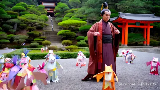 阴阳师带着很多可爱式神打扰日本神社 by Hailuo AI Video Generator