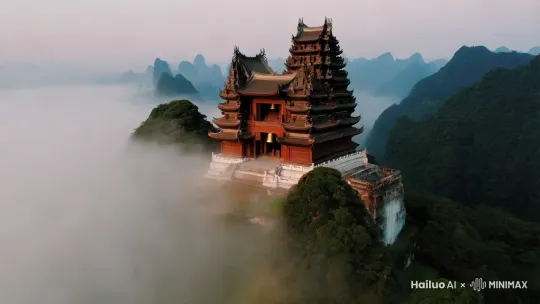 远景 8K 画质下，古老的寺庙矗立在山顶，云雾缭绕。 旁白：“在很久很久以前。” 悠扬的钟声，风声 航拍，推镜头  by Hailuo AI Video Generator