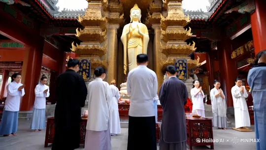 中景 8K 画质下，寺庙内，众多信徒虔诚参拜观音菩萨像。  安静的诵经声 固定镜头  by Hailuo AI Video Generator