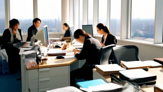 全景，推镜，忙碌的办公室，很多人在办公，女子在靠窗的位置飞快地敲击键盘，桌子上有电脑和一杯咖啡 by Hailuo AI Video Generator