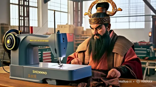 插画中的神农氏穿着传统的古代服饰，坐在一台缝纫机前，似乎正在操作机器。他的面部表情严肃，胡须浓密，符合古代神话中的形象。背景是一个工业风格的室内环境，有窗户和一些工厂常见的物品，如工具箱等。整体画面通过古今对比，营造出一种幽默和讽刺的效果。 by Hailuo AI Video Generator