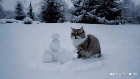 下雪啦一只猫咪愉快的在雪地里堆雪人。还唱着儿歌。 by Hailuo AI Video Generator