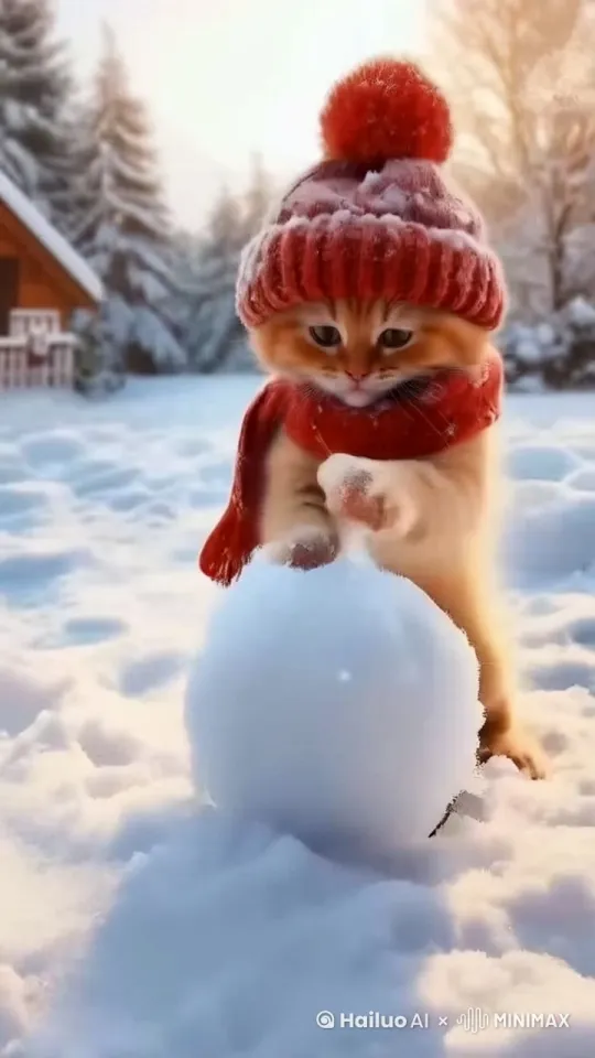 让这个小猫动起来，小猫滚雪球，向前推动雪球。 by Hailuo AI Video Generator
