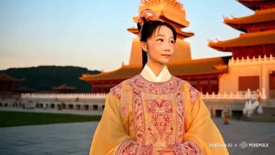 女人身穿古代公主服装，在唐代大明宫宽阔的大殿前，望着夕阳，镜头对准人物，背景是宫殿，镜头环绕 by Hailuo AI Video Generator