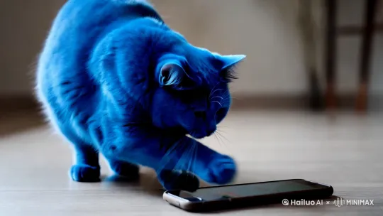 一只蓝色的胖猫玩着手机 by Hailuo AI Video Generator