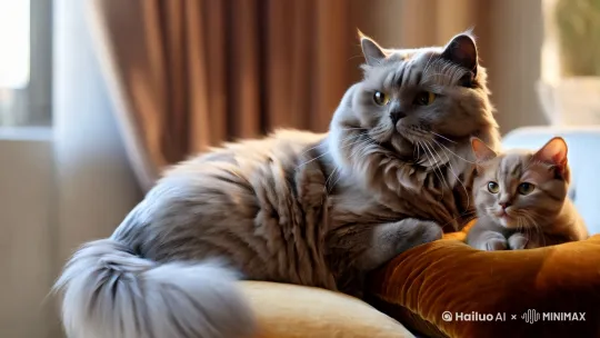 我有两只可爱的猫咪，一只蓝猫，叫团子，一只是金渐层，叫糯米，有它们陪伴真好！ by Hailuo AI Video Generator