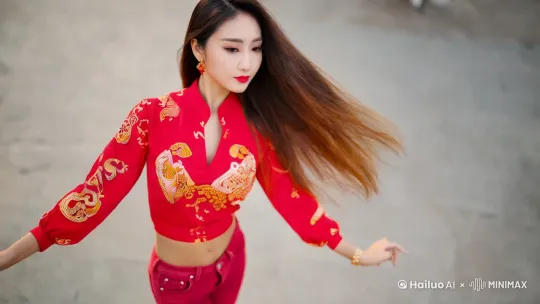 手机壁纸，动态，高清8K，长发美女，上身穿紧身衣红色，下身穿牛仔裤红色，衣服上整体图案为蛇年图案，身材黄金比例，面部表情妩媚动人，在跳青海摇，运镜跟随动作 by Hailuo AI Video Generator