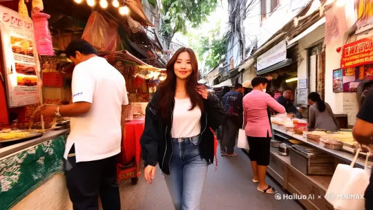 女人走在灯红酒绿的小巷子里 by Hailuo AI Video Generator