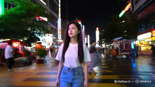 夜幕降临，小雨独自走在回家的路上，街边霓虹灯闪烁，行人匆匆而过，她穿着白色的体恤，蓝色牛仔裤，表情落寞不知道该何去何从 by Hailuo AI Video Generator