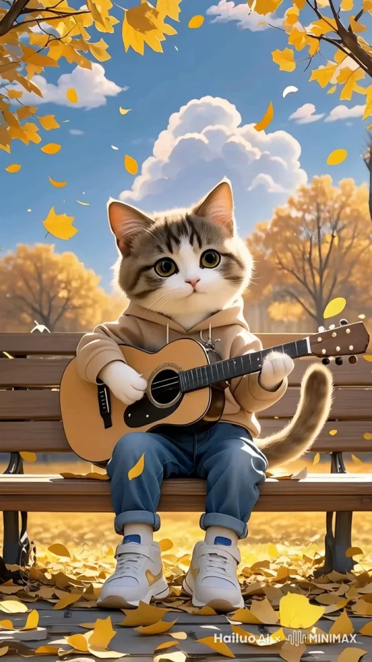 图中的拟人化小猫咪弹着吉他忧伤哀怨的独自弹唱着歌曲《新鸳鸯蝴蝶梦》，生成的视频中不需要任何字幕信息，拍摄的镜头忽远忽近极致的动感效果， by Hailuo AI Video Generator