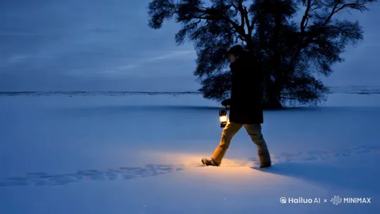 蓝调时刻，一个穿着黑色冲锋衣和工装裤的人拿着手提灯在雪地里走了很长的路，雪地里只有一棵树，周围都很空旷， by Hailuo AI Video Generator