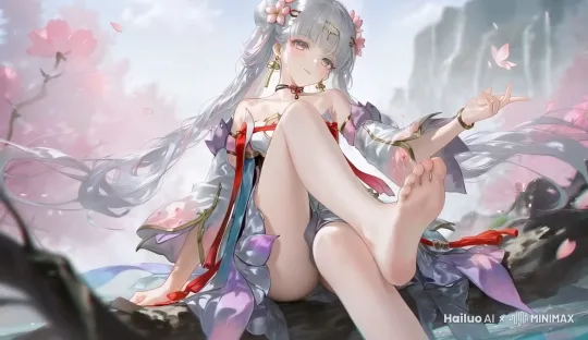眨眼睛，脚部轻微晃动，脚部轻微晃动，加上很多小桃花飘落的特效，唯美场景 by Hailuo AI Video Generator