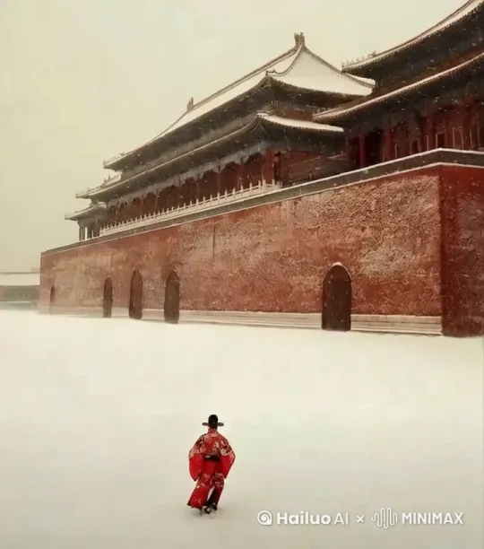 在古代城市中，一位身穿朱红色官服的官员在漫天大雪中，缓缓走向紫禁城宫门，雪花飞舞，雪落满地，王朝的末路在这位官员的一步步前进中缓缓走向末路。 by Hailuo AI Video Generator