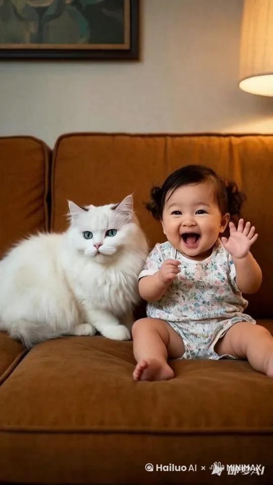 猫和婴儿对视，然后面对镜头抱在一起，婴儿开心的大笑 by Hailuo AI Video Generator