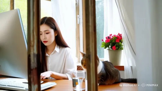 镜头从窗外推近，女子穿着白色衬衫，坐在窗前电脑上查阅资料，特别认真，旁边有一只可爱的猫咪蹲着电脑旁看着她，桌子上有一杯水，窗户很古朴，窗台上有盆花，窗帘是白色的，画面很温馨，很唯美，光线很柔和，大师镜头感，电影大片效果 by Hailuo AI Video Generator