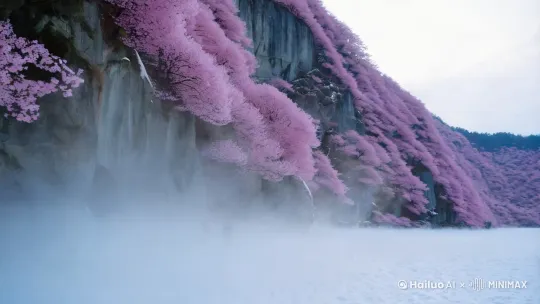 悬崖，白雪，开放的梅花，烟雾缭绕 by Hailuo AI Video Generator