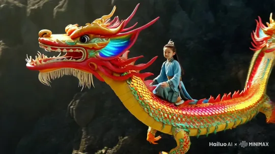 骑着中国祥龙的女孩，表情坚定，飞越过险峻之地，透露万丈光芒 by Hailuo AI Video Generator