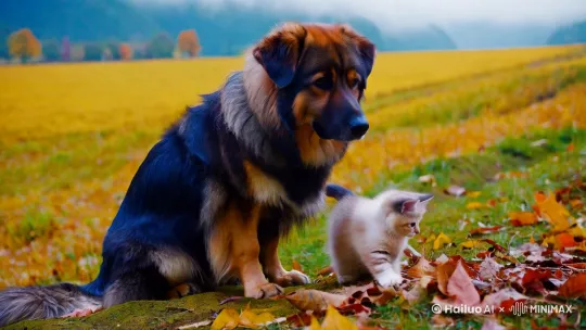 一只中华田园犬和小猫咪 by Hailuo AI Video Generator