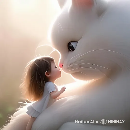 小女孩与一只超大的可爱猫咪互动，嬉戏，亲亲 by Hailuo AI Video Generator