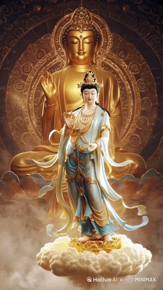 观音菩萨脚下云朵涌动，观音菩萨衣饰随风飘扬 by Hailuo AI Video Generator