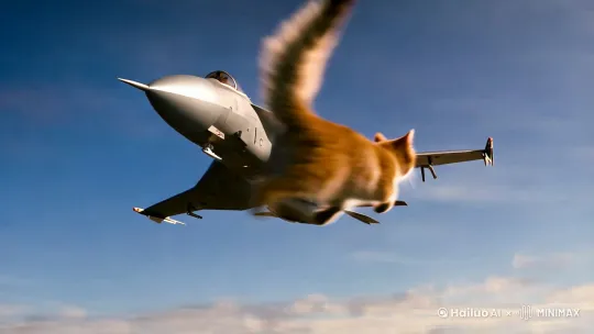 一只会飞的猫在天上撞上六代机 by Hailuo AI Video Generator