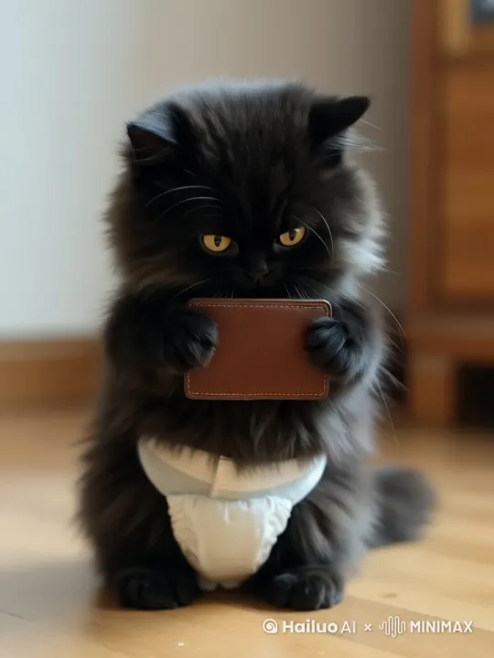 画面中的猫咪看着手里的钱包叹了一口气 by Hailuo AI Video Generator
