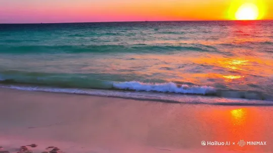 A tranquil beach with soft white sand and gentle turquoise waves, the sun dipping below the horizon, painting the sky in vibrant shades of orange and pink, slow motion capture of waves lapping at the shore, creating a soothing rhythm. by Hailuo AI Video Generator