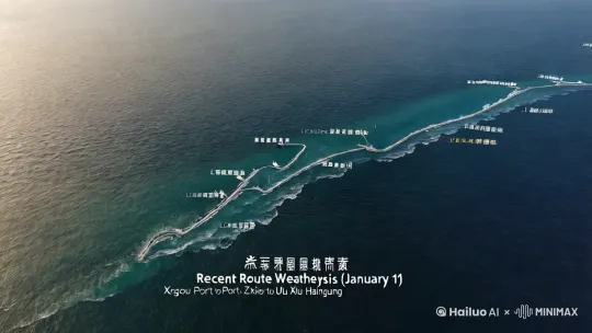 近期航线天气分析-（1月11日）
【今日航线天气关注点】
预计今天早晨到白天航线所经海域偏北风转偏南风风力不大，整体适宜出行，期间风向转换频繁，需注意防范。
【今明两天航线风力分析】
预计今天早晨航线所经海域出现影响陆岛交通运输恶劣天气的可能性较低，偏北风风力不大，整体适宜出行。航线所经部分海域浪涌较大，乘船舒适感可能较差，建议有出行计划的居民随时关注港航企业发布的最新航班信息，根据天气变化合理安排和规划进出岛行程。
今天早晨（05时至08时）
近岸航线：偏北风风力不大；
外海航线：偏北风风力不大。
预计今天白天航线所经海域出现影响陆岛交通运输恶劣天气的可能性较低，偏北风风力不大下午前后转偏南风风力不大，整体适宜出行。航线所经海域局部区域浪涌较大，乘船舒适感可能较差，建议提前做好防护措施。
今天白天（08时至20时）
近岸航线：偏北风风力不大下午前后转偏南风风力不大；
外海航线：偏北风风力不大下午前后转偏南风风力不大。
建议有出行计划的居民随时关注港航企业发布的最新航班信息，根据天气变化合理安排和规划进出岛行程。航线所经海域局部区域浪涌较大，乘船舒适感较差，建议提前做好防护措施。
预计12日早晨到白天航线所经海域西北风风力不大转西南风风力不大，整体适宜出行。建议有出行计划的居民随时关注港航企业发布的最新航班信息，根据天气变化合理安排和规划进出岛行程。航线所经海域局部区域浪涌较大，乘船舒适感可能较差，建议提前做好防护措施。
【注：近岸航线包含里长山海峡和杏树屯至北小圈航线；外海航线包含西沟港至乌蟒岛、杏树屯至獐子岛至海洋岛航线】
【近期天气提醒】
预计今天早晨到白天航线所经海域偏北风转偏南风风力不大，整体适宜出行，期间风向转换频繁，需注意防范。
预计明天早晨到白天航线所经海域西北风风力不大转西南风风力不大。期间风向转换频繁，需注意防范。
在大风天气方面：预计近期航线所经海域出现明显影响陆岛交通运输恶劣天气的可能性较低，期间风力整体不大，风向转频繁，需注意防范。
由于预报时效较长，天气系统存在一定的变化和调整，建议关注临近天气分析。
以上天气分析仅供参考。 by Hailuo AI Video Generator
