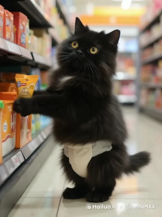 画面中的猫咪低头左右观看手里拿着的商品 by Hailuo AI Video Generator