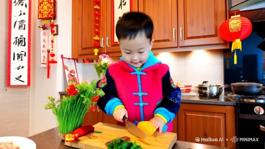 一个小孩子在厨房里熟练切菜，做饭的场景，电影风格，相机拍摄，有春节的喜庆氛围感。 by Hailuo AI Video Generator