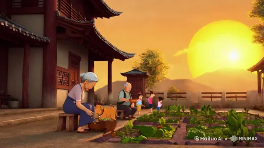 夕阳西下，中国乡村房屋门口大大的庭院，奶奶在庭院摘青菜，爷爷在喂狗，孙子孙女在开心的玩耍，一幅温馨的画面呈现出来，动态人物不要变
形，卡通插画，电影质感
竖屏 by Hailuo AI Video Generator