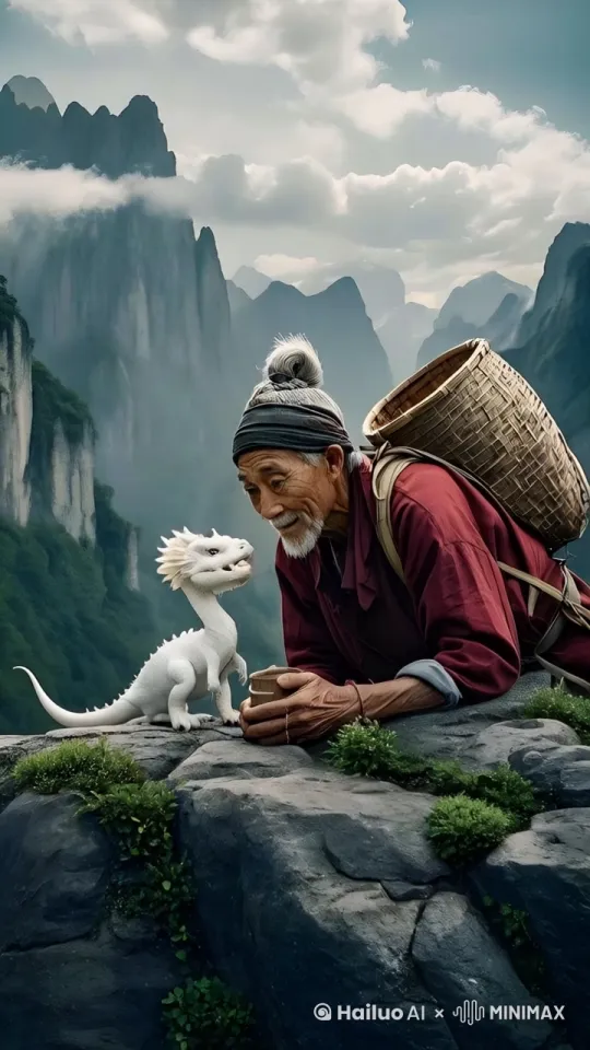 老人用手臂擦汗，幼龙动起来，老人和幼龙互动 by Hailuo AI Video Generator