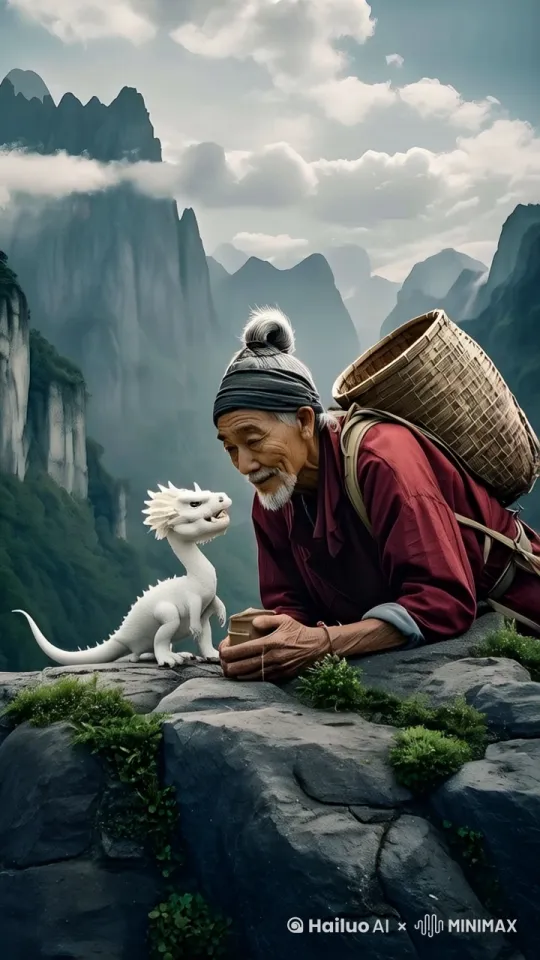 老人用手臂擦汗，幼龙动起来，老人和幼龙互动 by Hailuo AI Video Generator