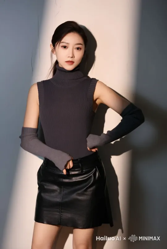 镜头中出现了女子高领无袖灰色紧身衣的领口和下巴，她红唇正在微笑着向来宾介绍房间，镜头向后拉远，露出她的全脸到半身，灯光落在她的睫毛上，眨眼时扑闪着睫毛，眼睛明亮，扎着干净利落的长发，像一个未来战士一样自信的微笑，镜头再拉远到全身，她穿着灰色高领背心和黑色短皮裙，黑色高跟鞋。镜头离开她开始环绕房间内，是未来太空舱式的白色房间。 by Hailuo AI Video Generator