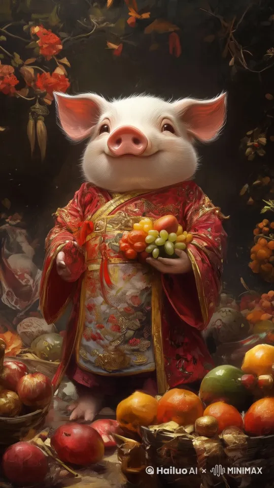 采用固定镜头拍摄，图中的猪将手中的水果往嘴巴里送，显得特别可爱，憨态可掬！ by Hailuo AI Video Generator