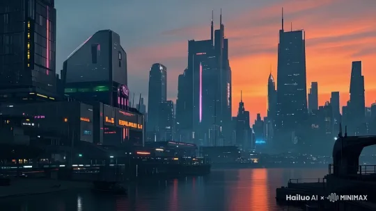 河面波光粼粼，一架赛博朋克风格飞船飞过 by Hailuo AI Video Generator