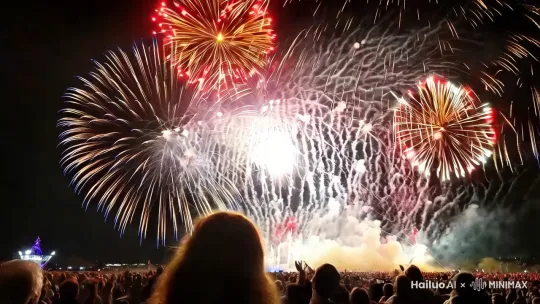 现实烟花秀：夜空中，五彩烟花如流星般绽放，金色花火拖曳明亮尾迹，红色烟花似热烈玫瑰瞬间盛开，银色烟花化作璀璨星辰洒落，人群欢呼，与烟花交相辉映。4K超高清画质，电影质感，创意灵感，比例9:16 by Hailuo AI Video Generator