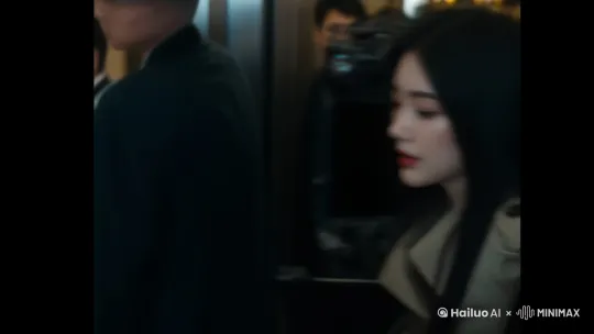 摄影机：选用阿莱ALEXA Mini摄影机搭配 Cooke S4/i 32mm T2镜头，该镜头能够呈现出独特的“ Cooke Look”，带有柔和的焦外和轻微的色彩晕染，符合王家卫电影中对画面质感的追求。
运镜语言：使用缓慢推进的跟拍镜头（Dolly In），从女主的侧面开始，镜头距离女主约1米，以每秒0.5米的速度缓缓向前推进，直至推进到女主的近景。在推进过程中，镜头轻微地左右摇晃，模拟手持摄影的不稳定感，营造出一种紧张而微妙的氛围。
胶卷：采用富士Eterna 500T 5296胶卷，其色彩层次丰富，能够呈现出王家卫电影中那种浓郁而富有情感的色调，同时胶片的颗粒感在暗部细节处若隐若现，为画面增添一种朦胧美。
美学效果：缓慢推进的跟拍镜头紧紧跟随女主，使观众能够近距离地观察到她的表情和身体语言。Cooke镜头的柔和焦外和色彩晕染让女主在人群中显得格外突出，仿佛她就是这个世界的焦点。胶片的色彩层次丰富，将电梯间内不同肤色、着装各异的人群渲染得更加生动而富有层次，同时也强化了女主的惊慌与不适情绪，营造出一种王家卫电影中常见的迷离而充满情感张力的美学风格。
近景：女主转身迈进大厦，走进略显逼仄的电梯间。里面挤满了不同肤色、着装各异的人。女主被挤在角落，身体微微侧倾。她紧抿嘴唇，嘴角微微下撇，眼神中闪过一丝惊慌与不适。双手下意识地护住身前，风衣被周围人挤得有些褶皱。她的目光始终紧盯电梯楼层数字，随着数字跳动，眼神里的期待愈发明显。
以导演王家卫风格进行生成。 by Hailuo AI Video Generator